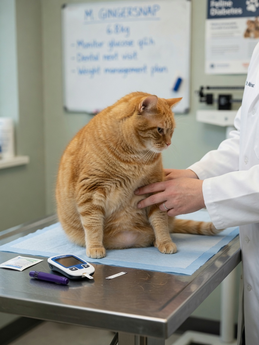 Gato naranja obeso sobre una mesa de examen veterinaria con un veterinario evaluando su peso y salud, simbolizando los riesgos de obesidad y diabetes
