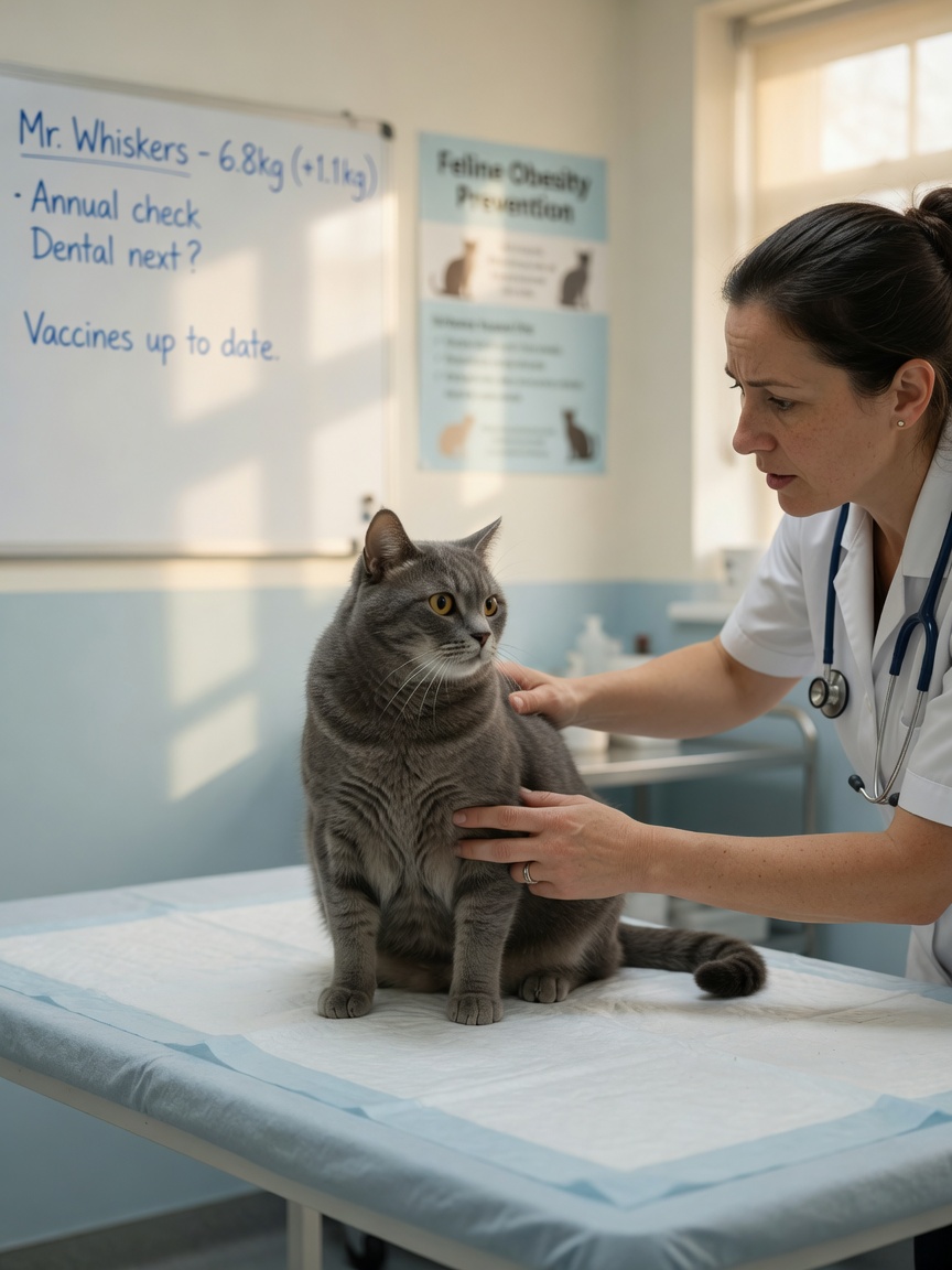 Veterinarian examining an overweight gray cat during a health check