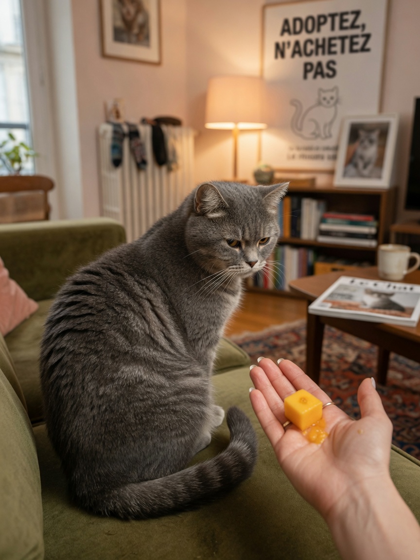 Cat turning away from a piece of mango offered on an owner's hand, showing disinterest