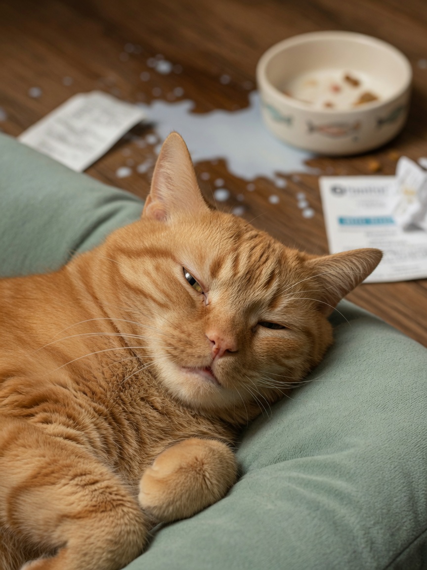 Gatto adulto arancione tigrato che mostra sottili segni di disagio digestivo a riposo