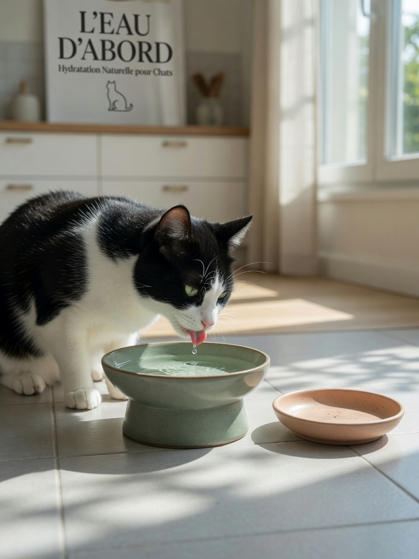 Gatto bianco e nero che beve acqua fresca da una ciotola in ceramica alla luce naturale