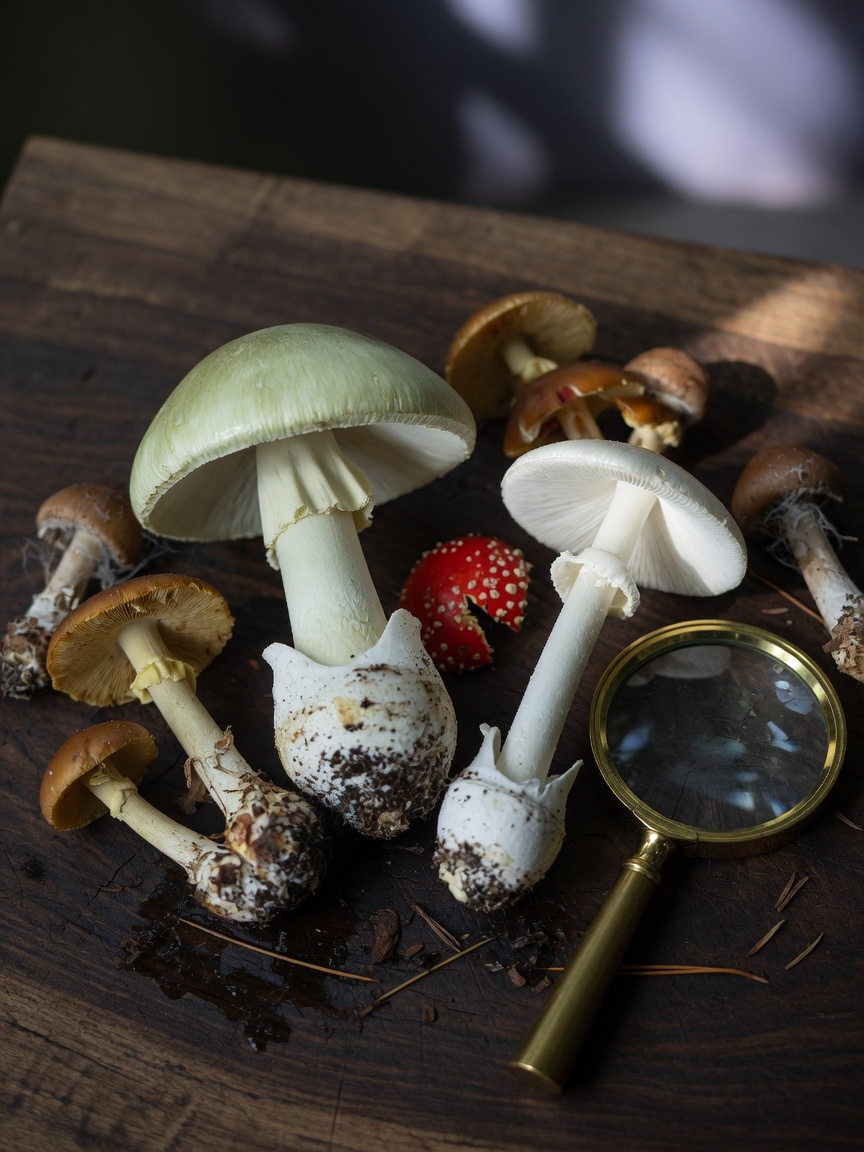 Close-up of dangerous wild mushroom species including Death Cap and Destroying Angel arranged for visual identification on a dark wooden surface