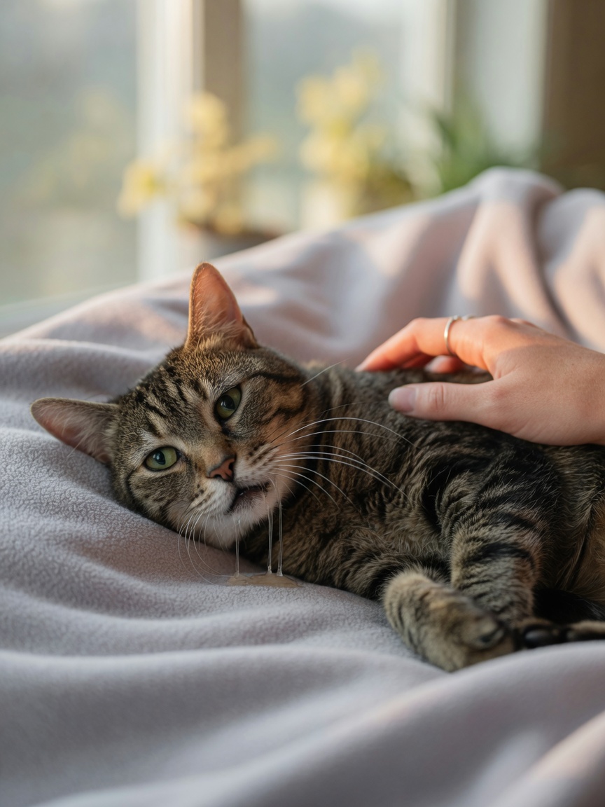 Sick tabby cat resting on a blanket displaying symptoms of distress with owner's caring hand providing comfort