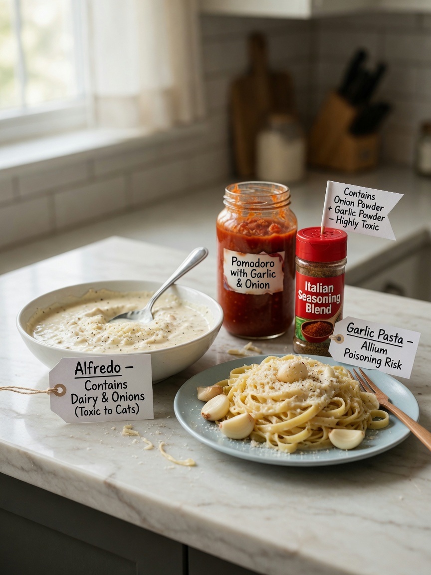 Various pasta sauces and ingredients that are toxic to cats arranged on a kitchen counter