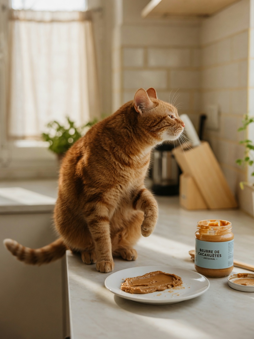 Eine Katze wendet sich von Erdnussbutter ab und zeigt Desinteresse