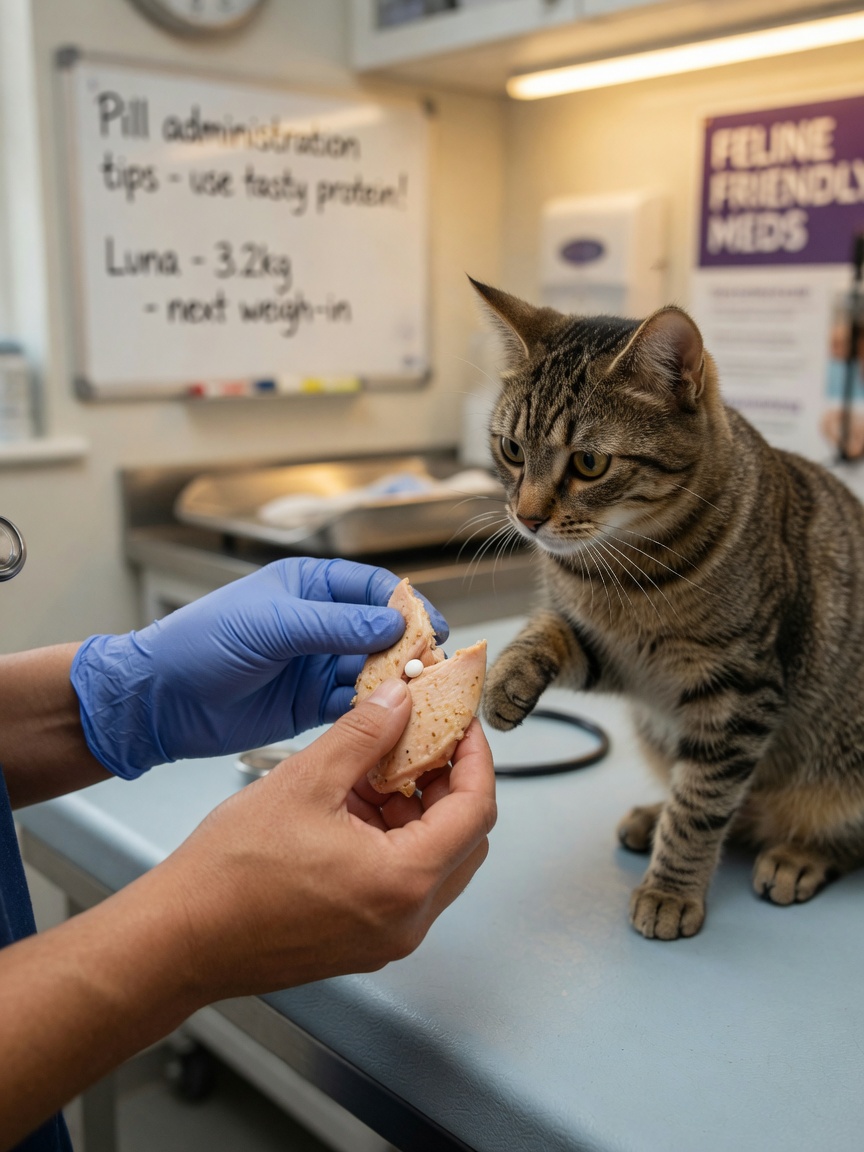 Ein Tierarzt demonstriert, wie man Medikamente in gekochtem Huhn für eine Katze versteckt