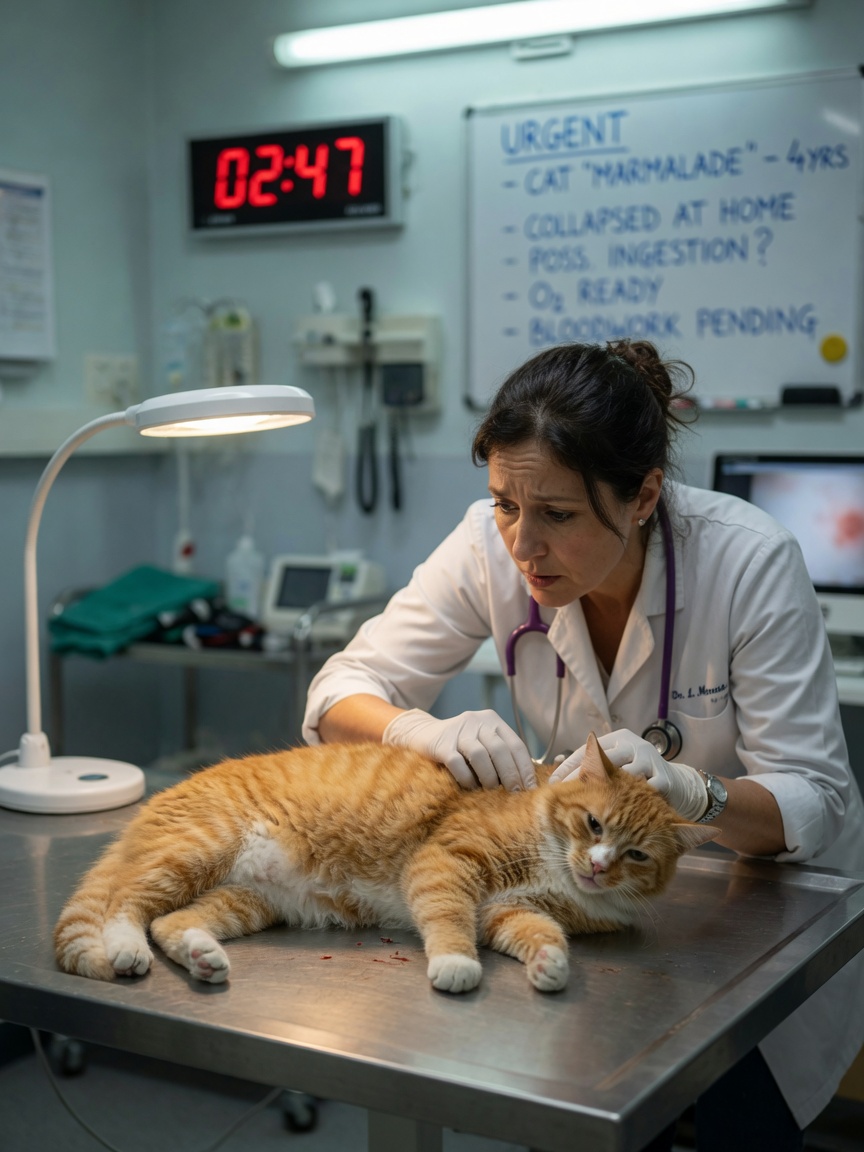 Veterinario che esamina urgentemente un gatto in difficoltà su un tavolo d'esame in una clinica d'emergenza