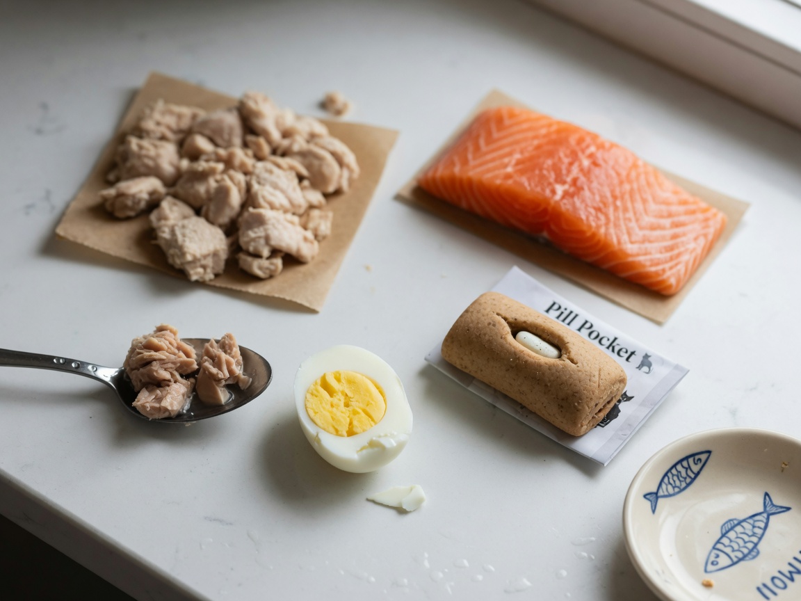 Assortment of cat-safe treat alternatives including cooked chicken, salmon, egg, and commercial pill pockets arranged on a kitchen counter