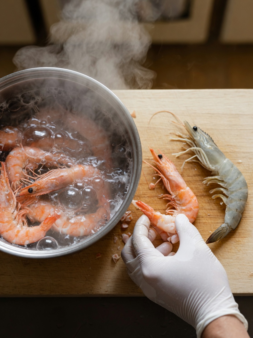 Raw and cooked prawns displayed together showing preparation methods, with a hand peeling a cooked prawn in a kitchen setting