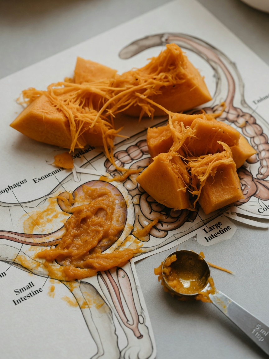 Close-up of pumpkin puree and fresh pumpkin flesh with a measuring teaspoon showing fiber content and texture