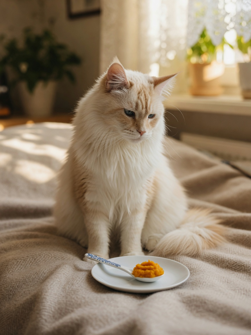 Long-haired Maine Coon cat appearing relaxed with a teaspoon of pumpkin puree on a plate