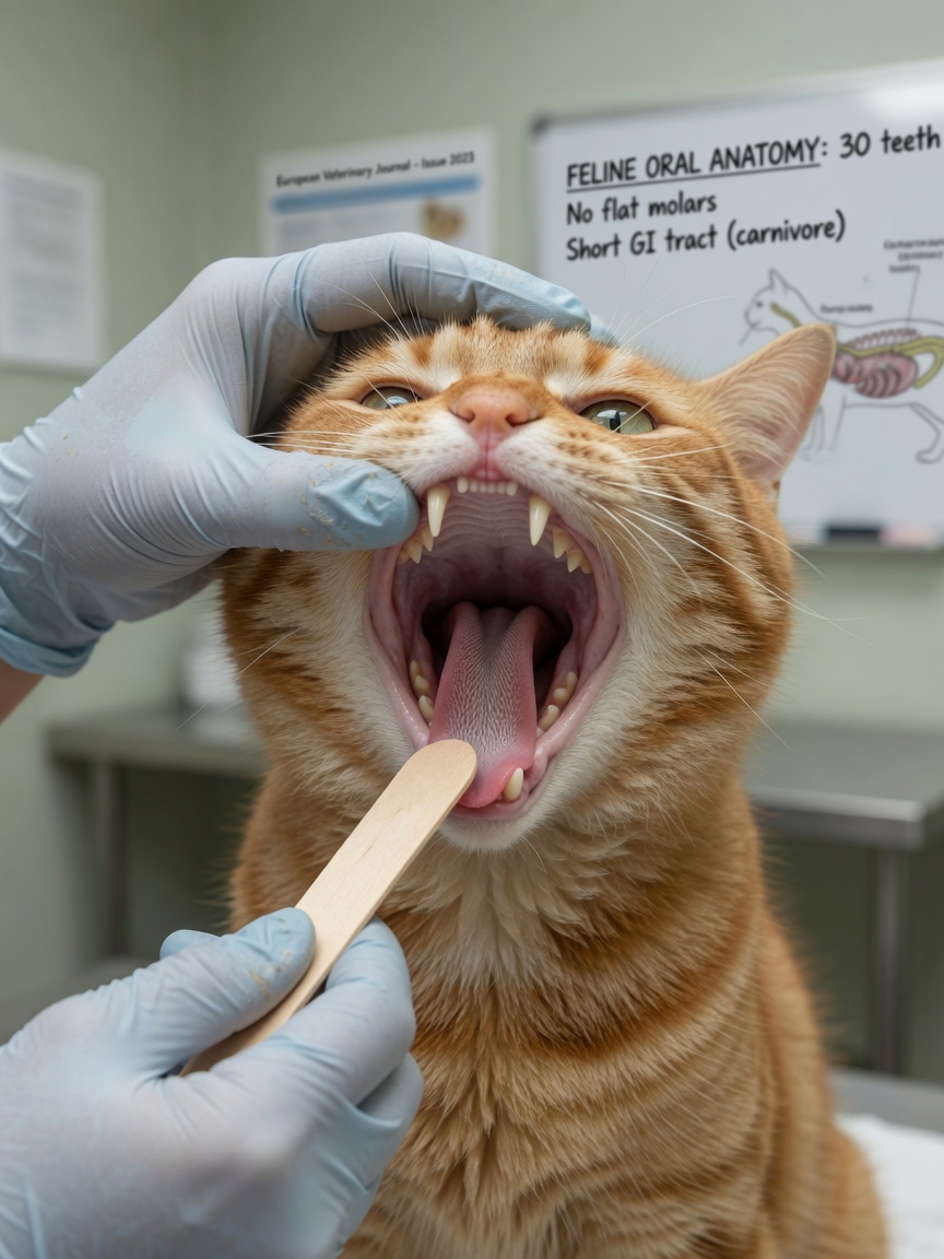 Veterinário a examinar a boca e anatomia digestiva de um gato para demonstrar as diferenças do sistema digestivo felino