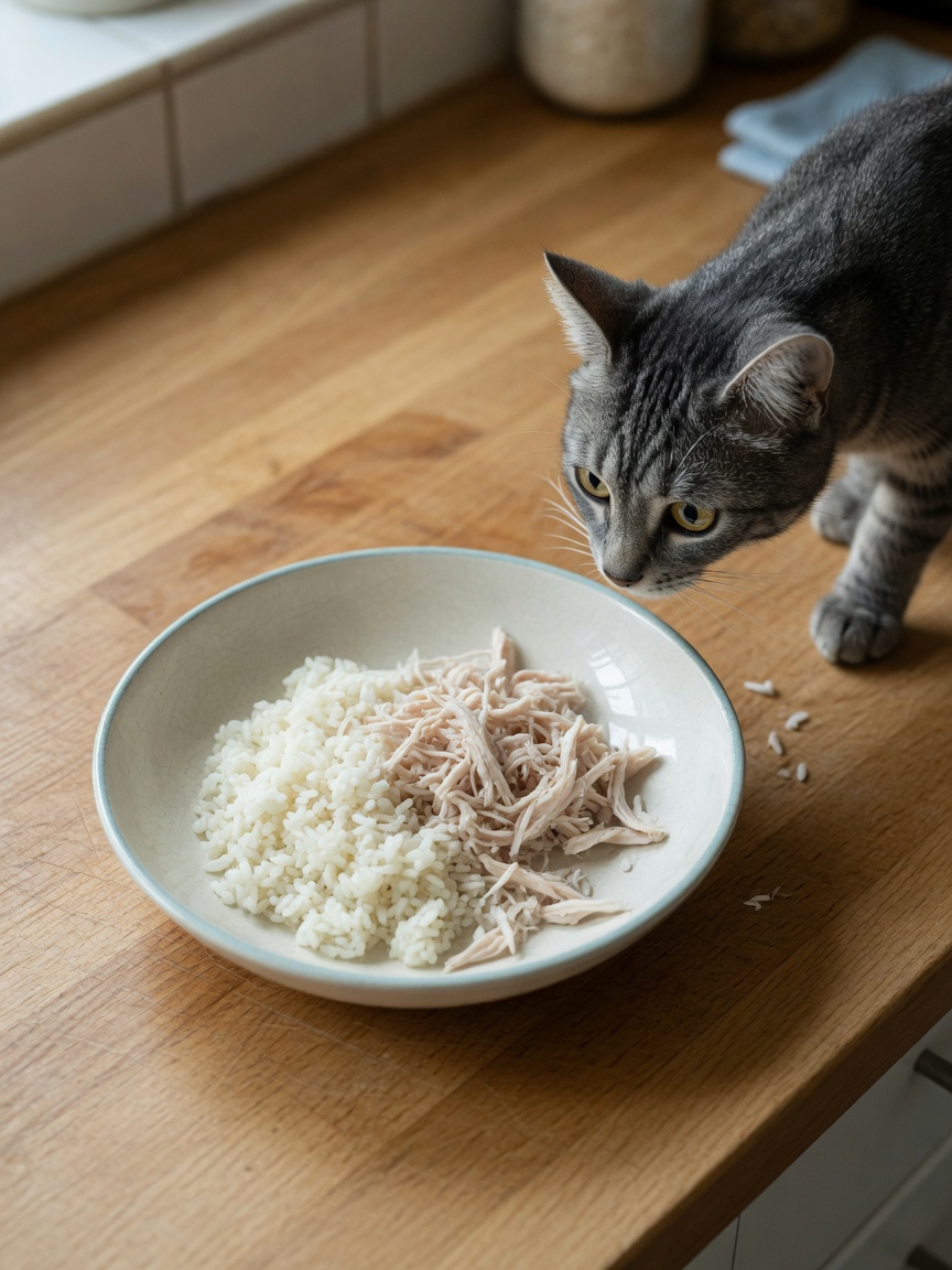 Gato a aproximar-se de uma tigela de arroz branco simples e frango cozido, dieta suave para recuperação digestiva