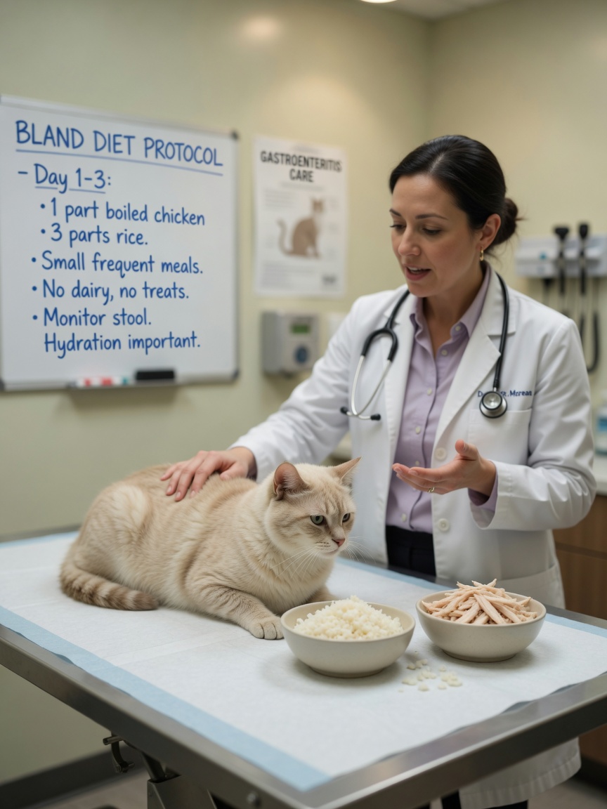 Veterinario che discute dieta leggera con proprietario gatto, mostrando ciotole di riso semplice e pollo