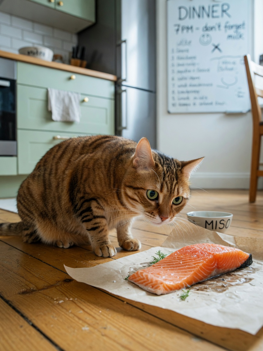 Curious tabby cat sniffing toward raw salmon fillet in kitchen