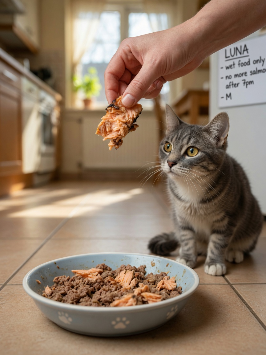 Hand offering a thumb-sized piece of cooked salmon to a waiting cat