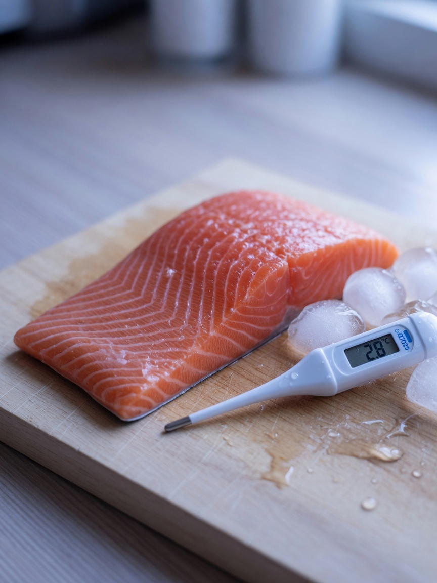 Raw salmon fillet on cutting board with ice cubes illustrating parasitic contamination risk