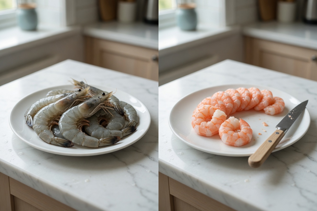 Comparison of raw shrimp with shells and peeled cooked shrimp on white plates