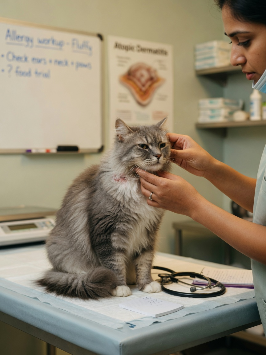 Veterinarian examining a gray and white cat's head and neck for signs of allergic reaction