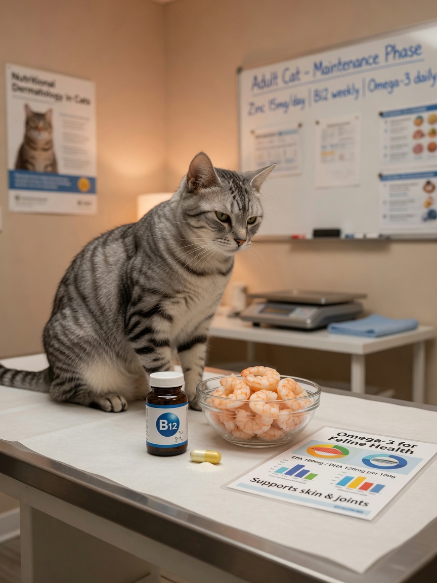 Cat on vet examination table with cooked shrimp and nutritional supplement references