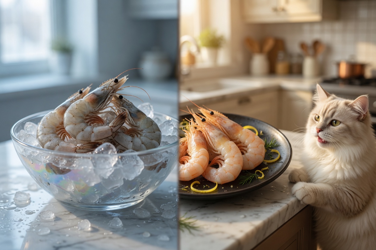 Comparison of raw and cooked shrimp with cat observing from kitchen counter