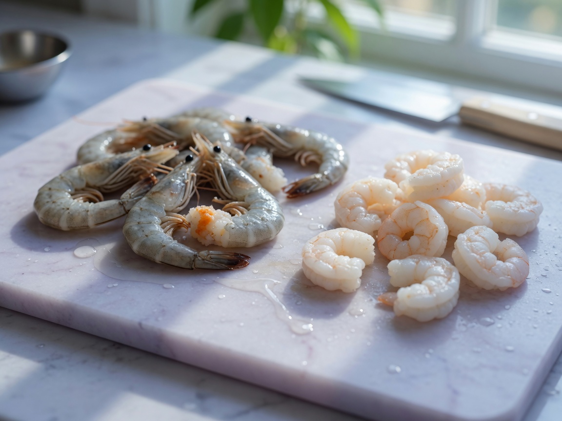 Raw versus cooked shrimp on a kitchen cutting board