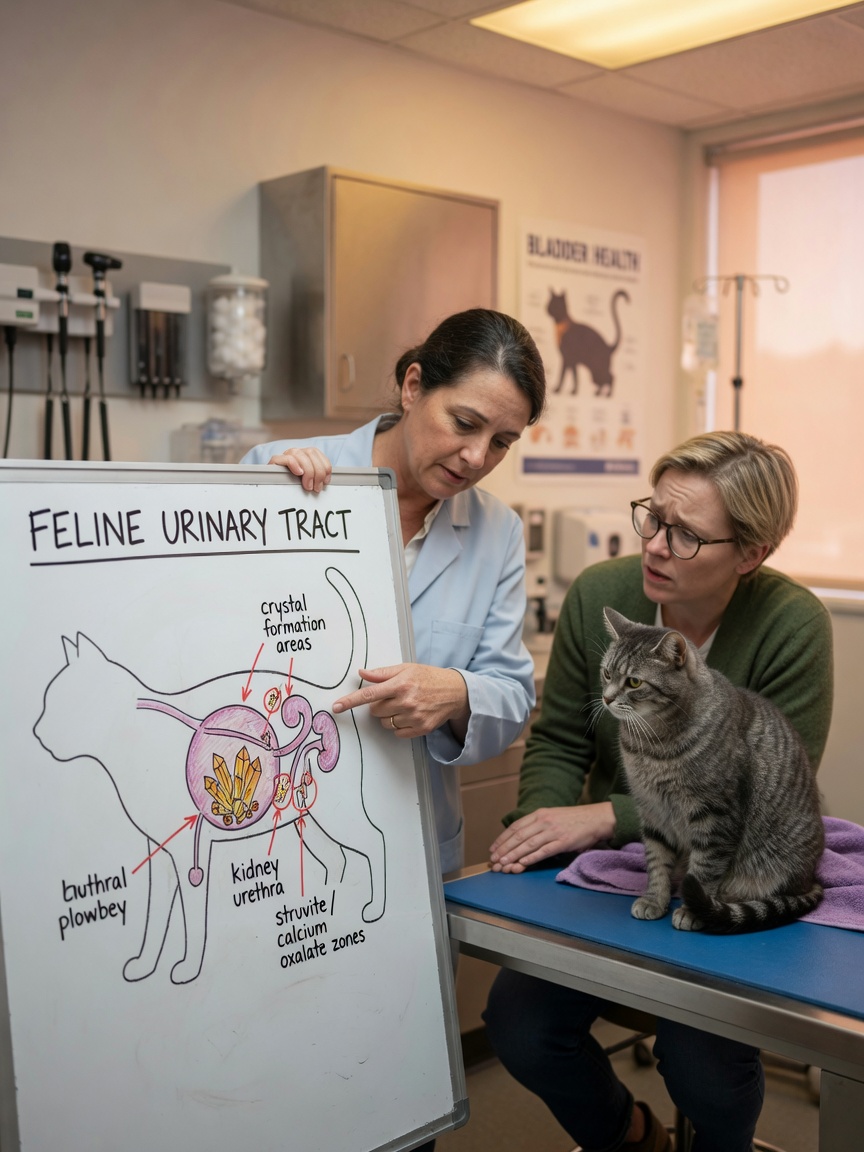 Dierenarts legt urinaire gezondheidsrisico's uit aan kattenhouder met diagram op whiteboard terwijl bruine gestreepte kat op onderzoekstafel zit