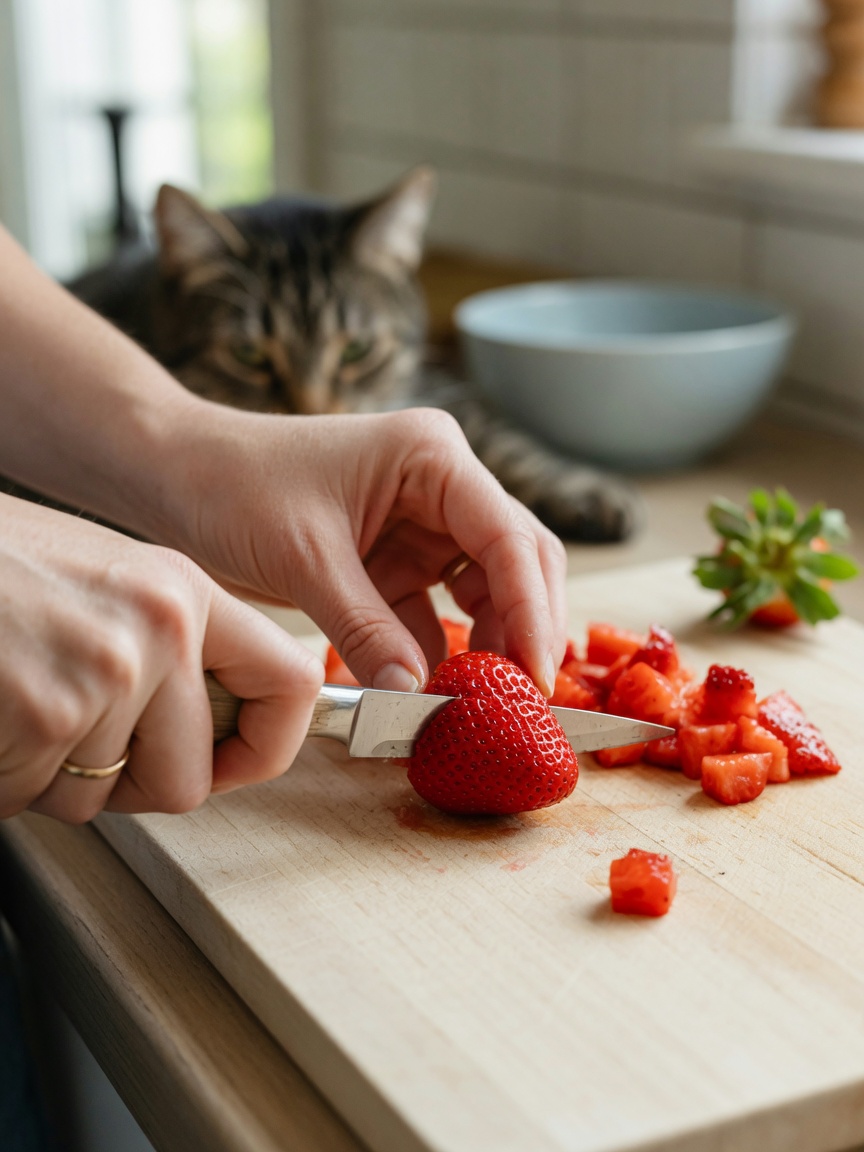 Hands carefully cutting a strawberry into small pieces on a cutting board