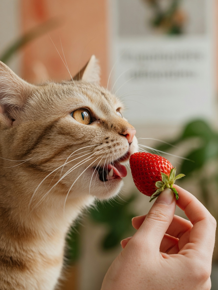 Close-up of cat's face sniffing a strawberry, demonstrating olfactory rather than taste response