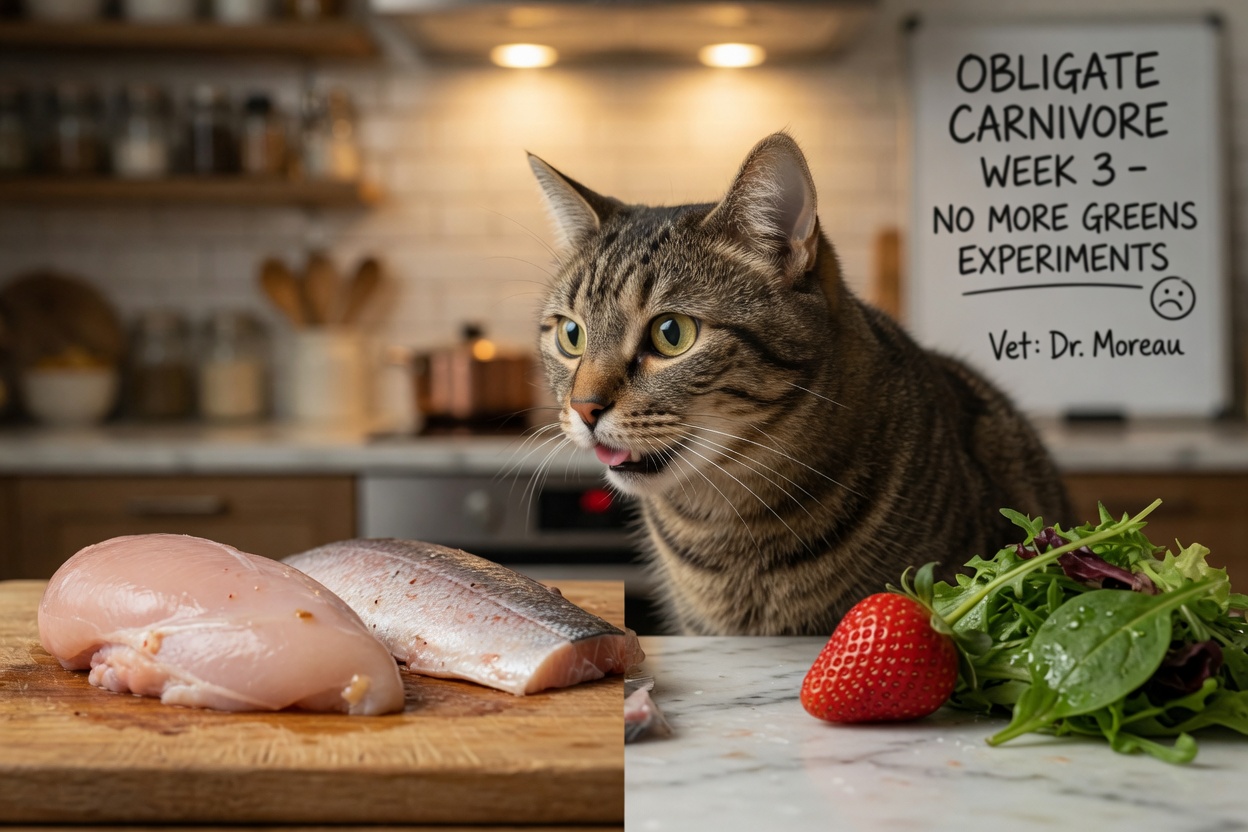 Cat positioned between raw meat and strawberry, illustrating obligate carnivore dietary preferences