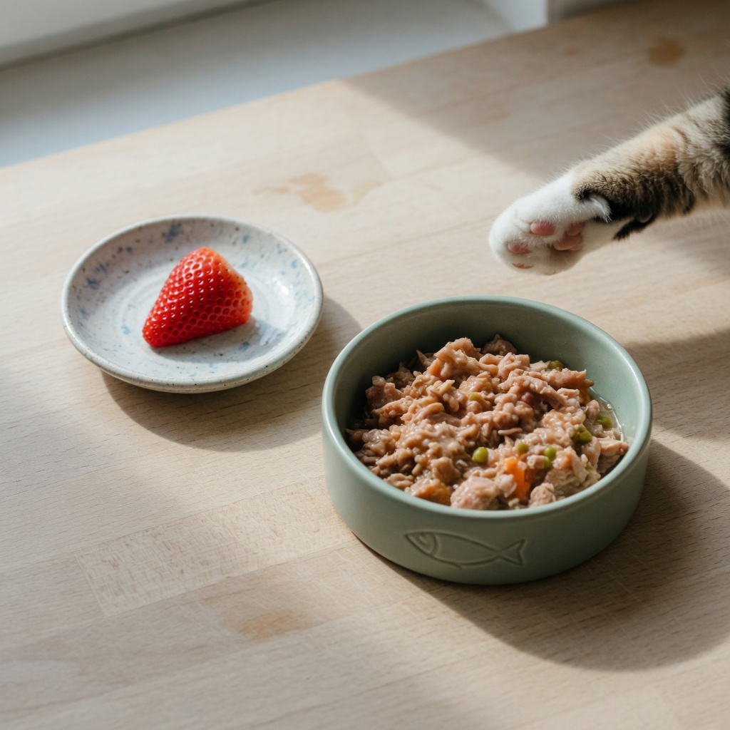 Small teaspoon-sized strawberry piece beside cat's food bowl showing safe serving size