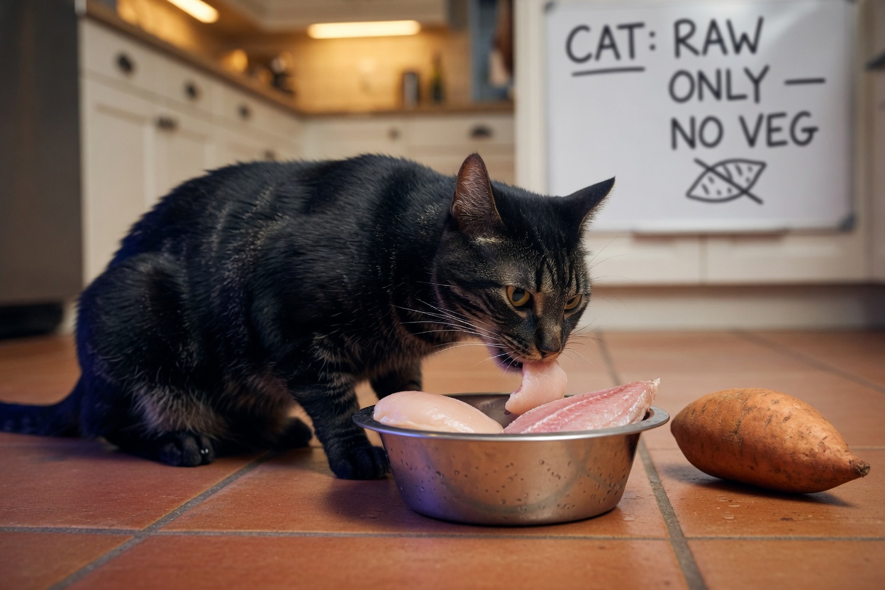 Gato musculoso comiendo carne cruda de un cuenco con patata dulce cruda al lado sobre el suelo de la cocina, ilustrando la naturaleza carnívora felina