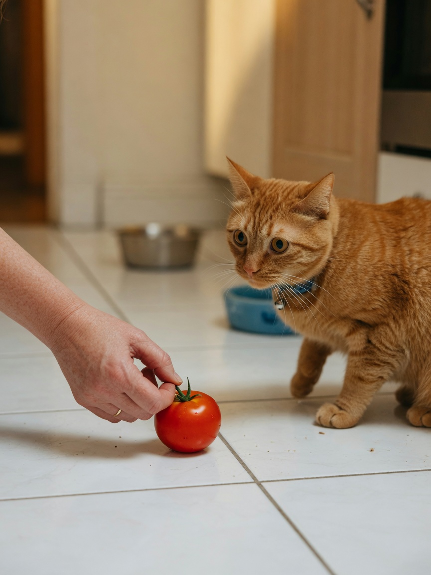 Cat owner holding a ripe red tomato while their tabby cat watches cautiously from the kitchen floor