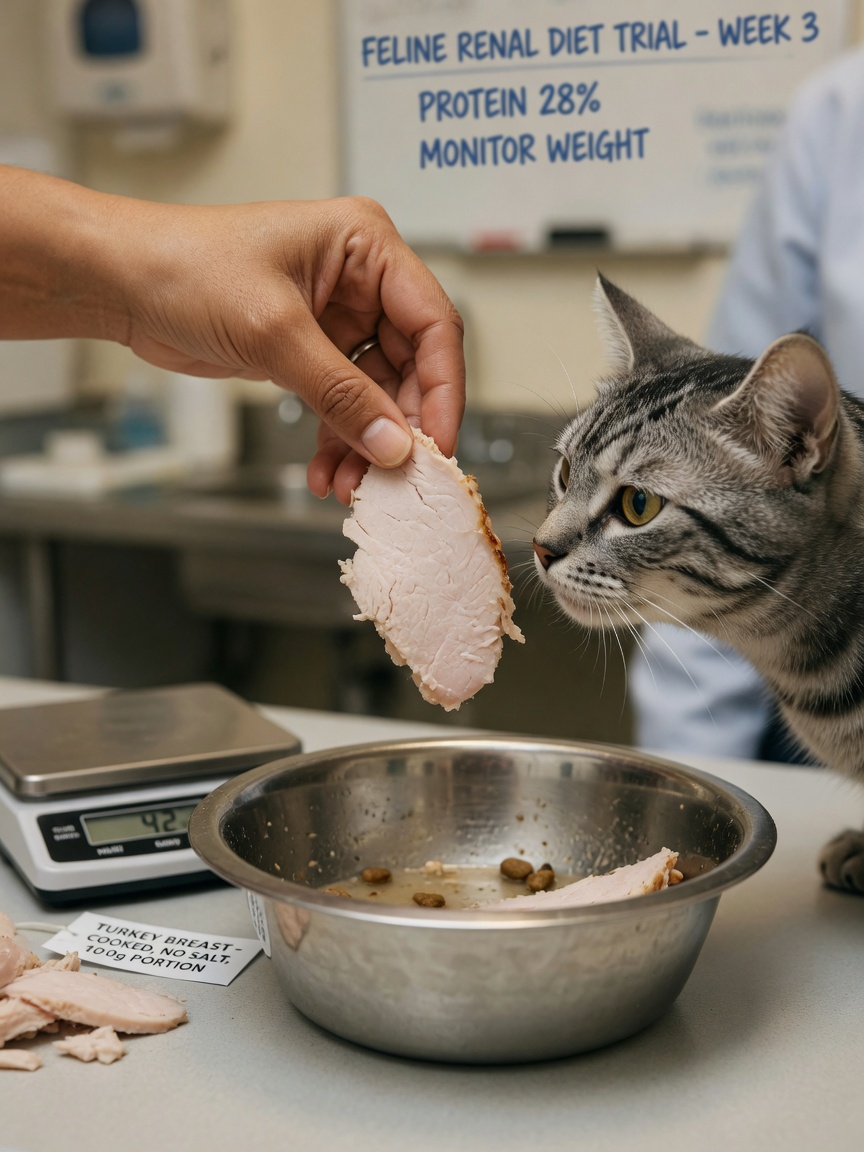 Nutrizionista veterinario che presenta un pezzo di petto di tacchino cotto a un gatto curioso durante una consulenza nutrizionale