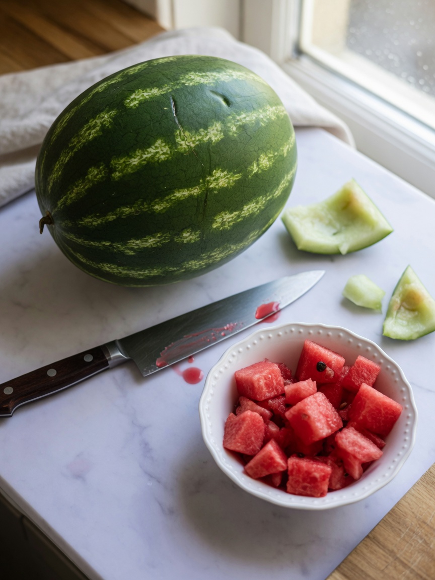 Watermelon preparation showing removed rind, flesh, and seeds separated