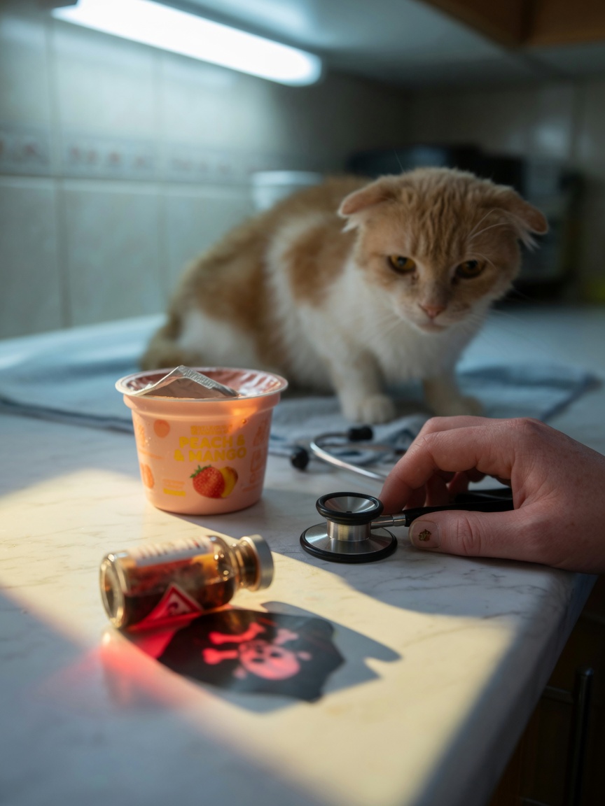 Veterinary stethoscope near yoghurt container with concerned owner's hand and unwell cat in background