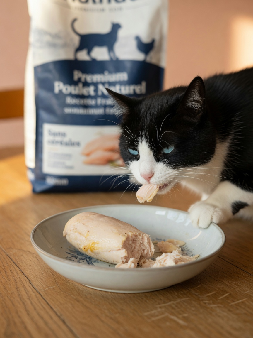Tuxedo cat eating plain cooked chicken from a bowl, with commercial cat food bag in soft focus behind