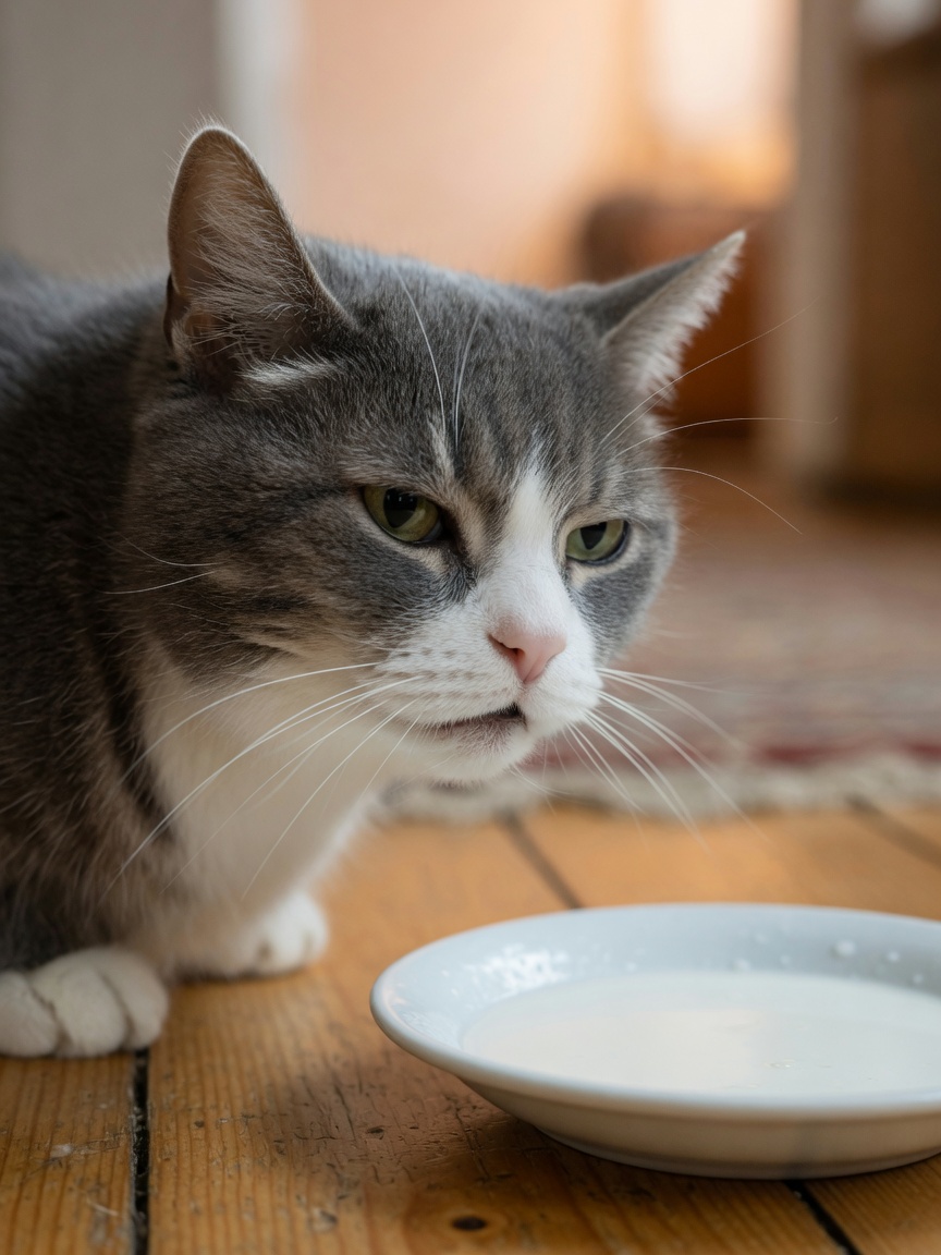 Un gatto grigio e bianco che guarda lontano da un piattino di latte, esprimendo disagio digestivo e riluttanza
