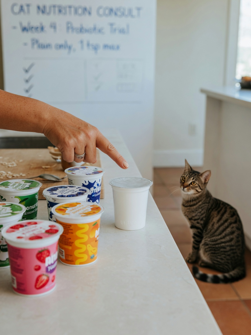 Una mano che punta allo yogurt naturale tra vari contenitori di yogurt aromatizzati in una cucina, con un gatto che osserva da una distanza sicura