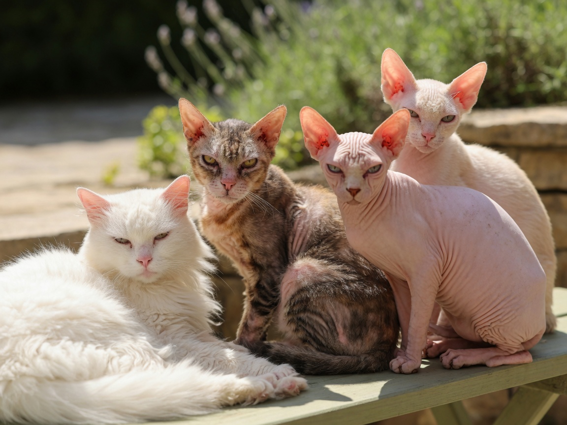 Multiple vulnerable cat types including white, senior, hairless and pink-nosed cats in sunlight