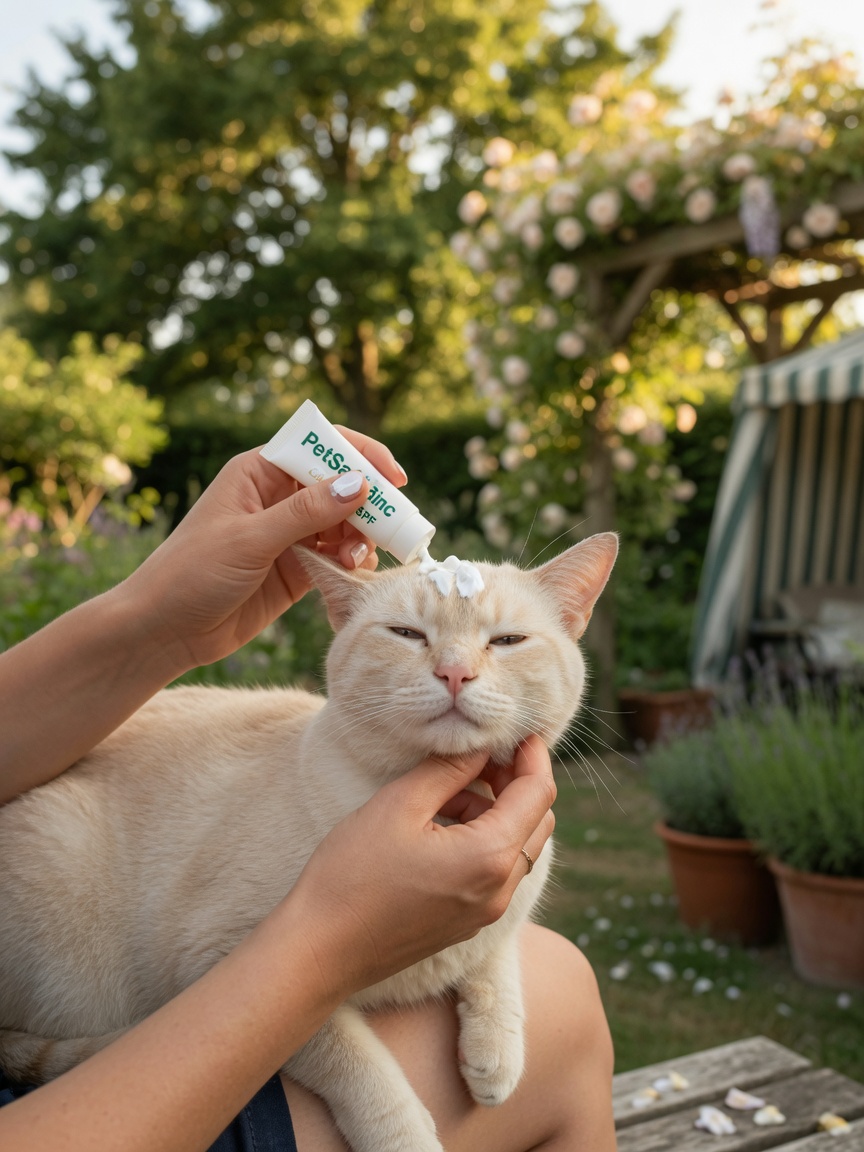 Cat owner applying sunscreen to a light-colored cat's vulnerable nose and ears in a shaded garden