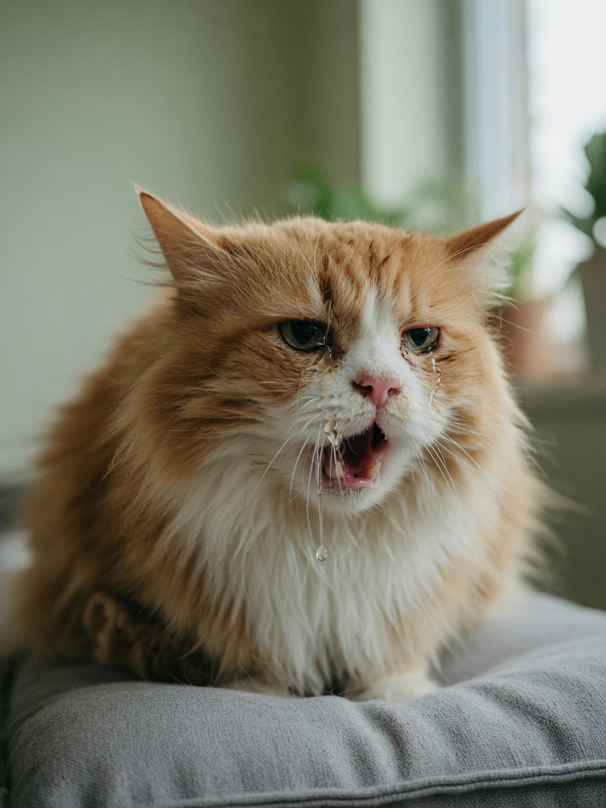 Close-up van een oranje en witte kat die hoest, met duidelijke symptomen van een infectie van de bovenste luchtwegen, tranende ogen en neusvloed.