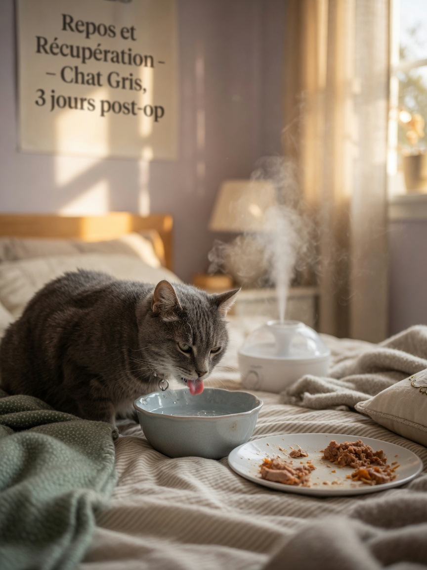 Een grijze kat drinkt vers water uit een bak in een warm, rustig vertrek met een luchtbevochtiger en zacht beddengoed ter bevordering van het herstel.