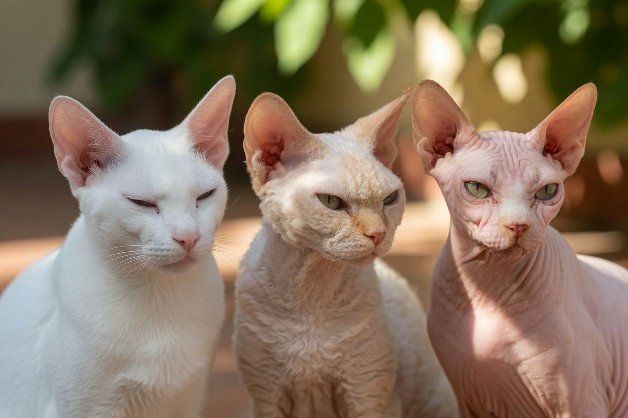 Three vulnerable cat breeds displaying different coat types and skin exposure in sunlight