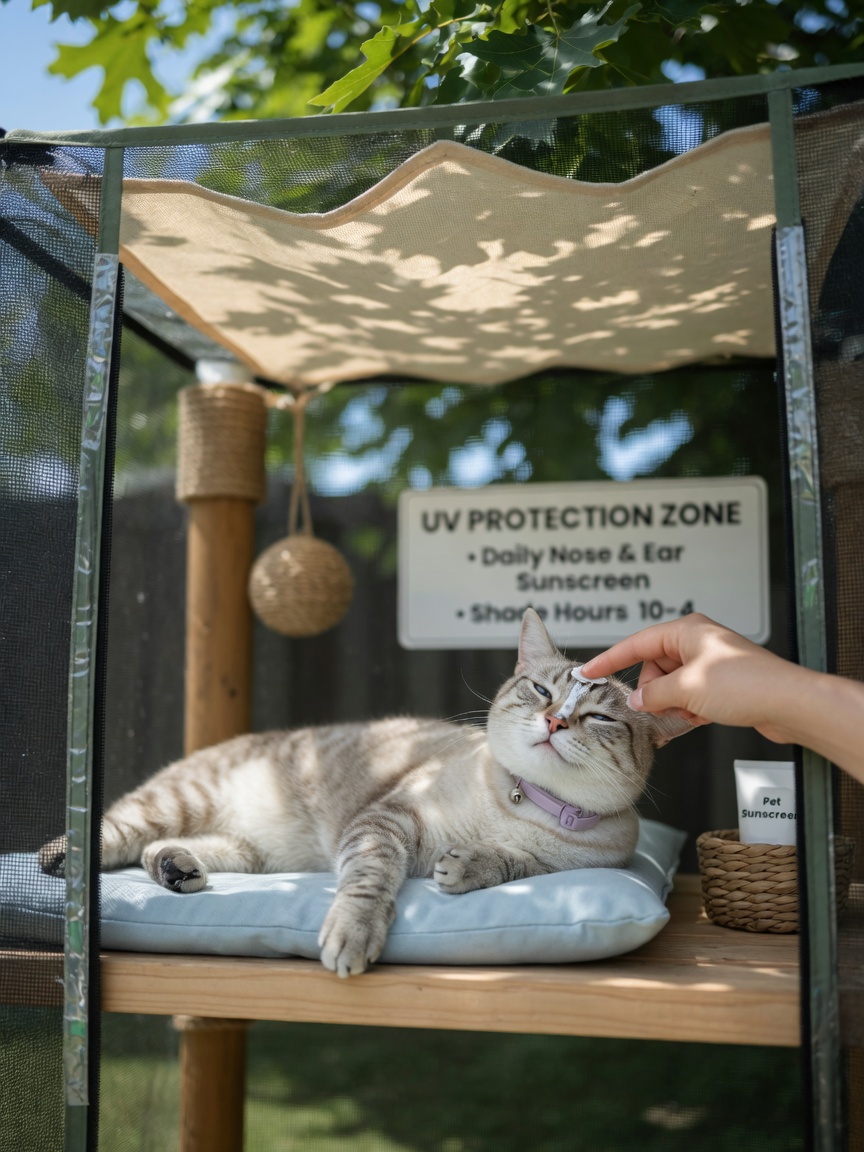 Owner applying protective sunscreen to a light-coloured cat's vulnerable areas in shaded outdoor space