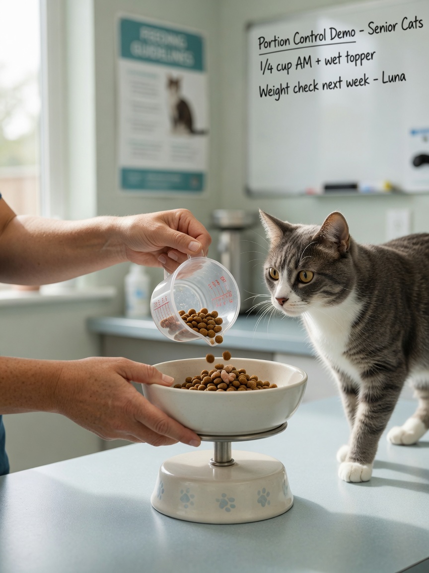 Veterinario demostrando la colocación adecuada de cuencos elevados para la alimentación controlada del gato