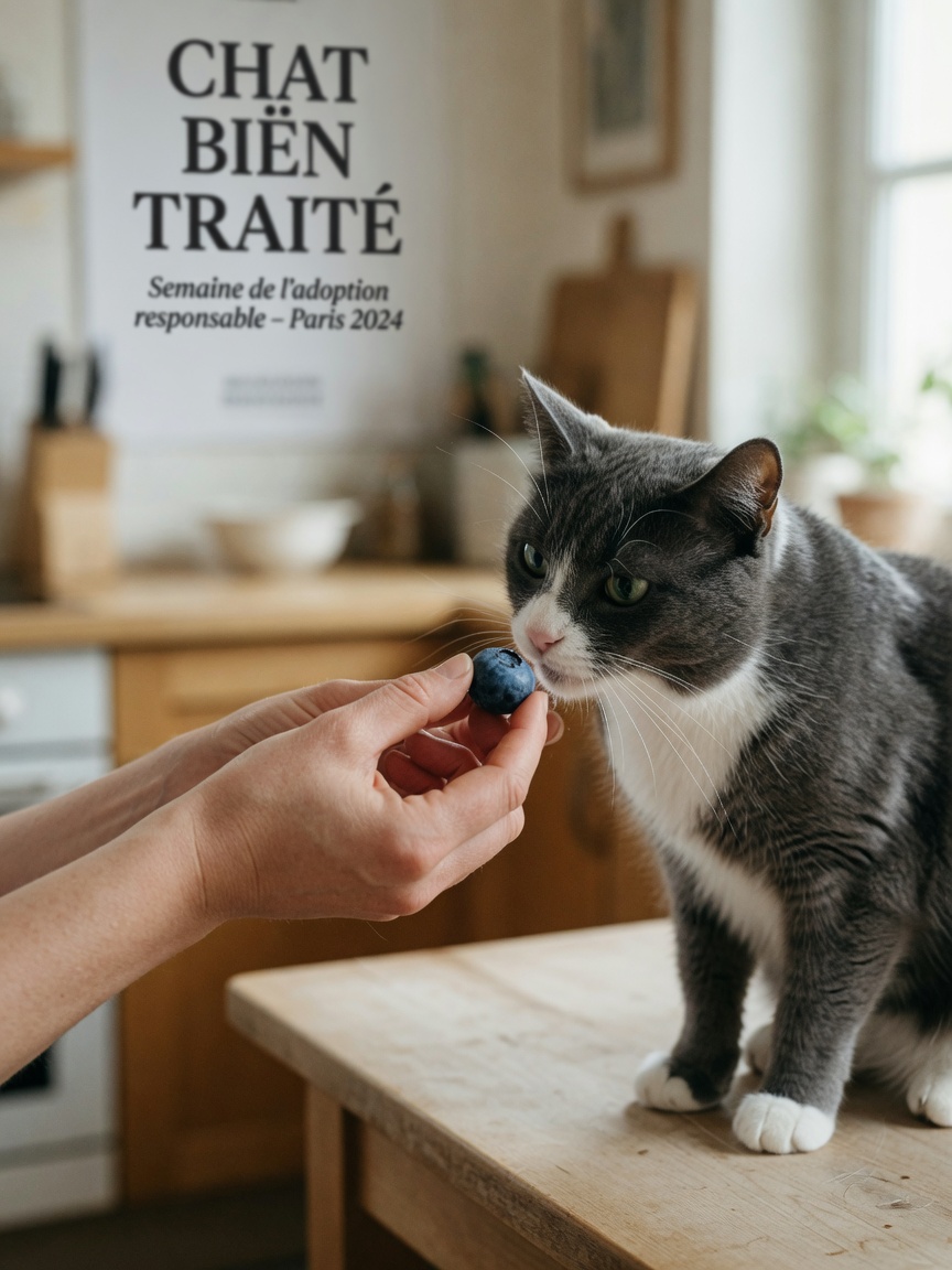 Cat owner's hands offering a single blueberry to an attentive cat at a kitchen table