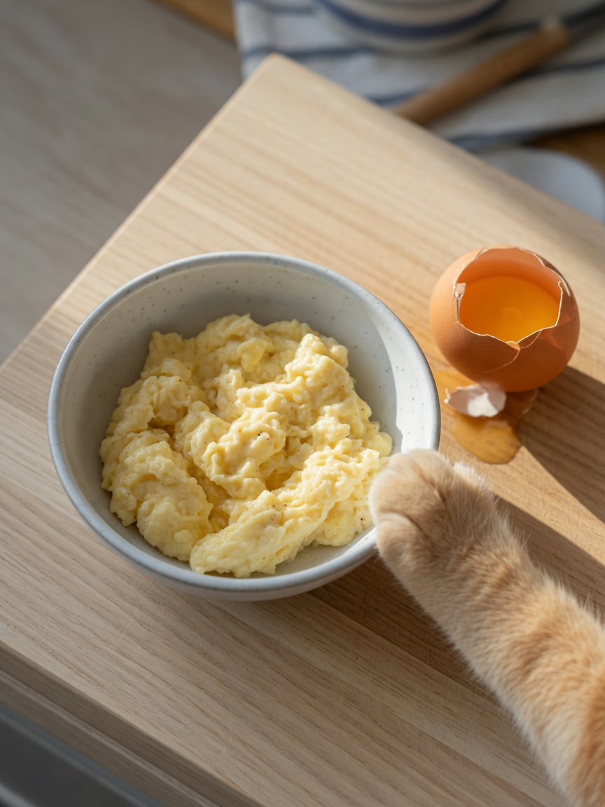 Nahaufnahmeaufnahme von gekochtem Rührei in einer Schüssel im Vergleich zu rohem Ei in der Schale mit Katzenpfote, die sich der sicheren Option nähert