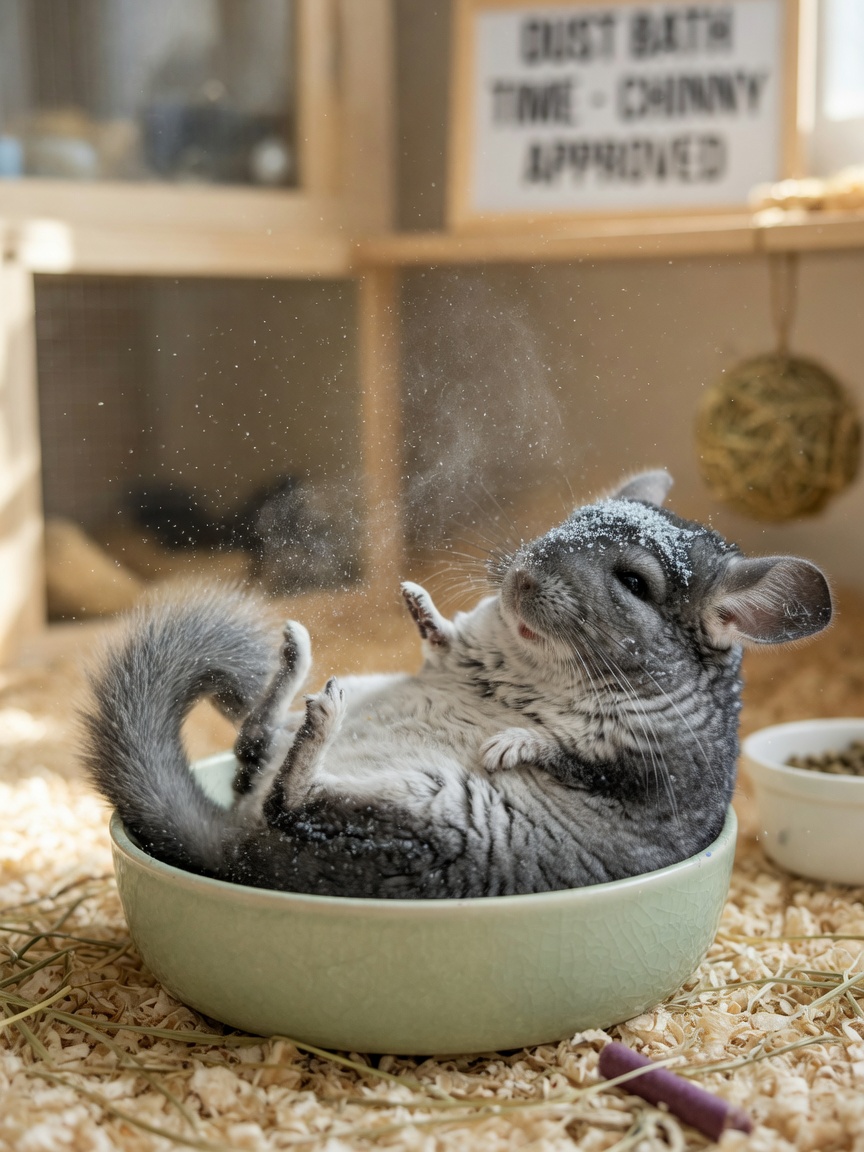 A chinchilla rolling joyfully in a dust bath, covered in fine volcanic dust particles