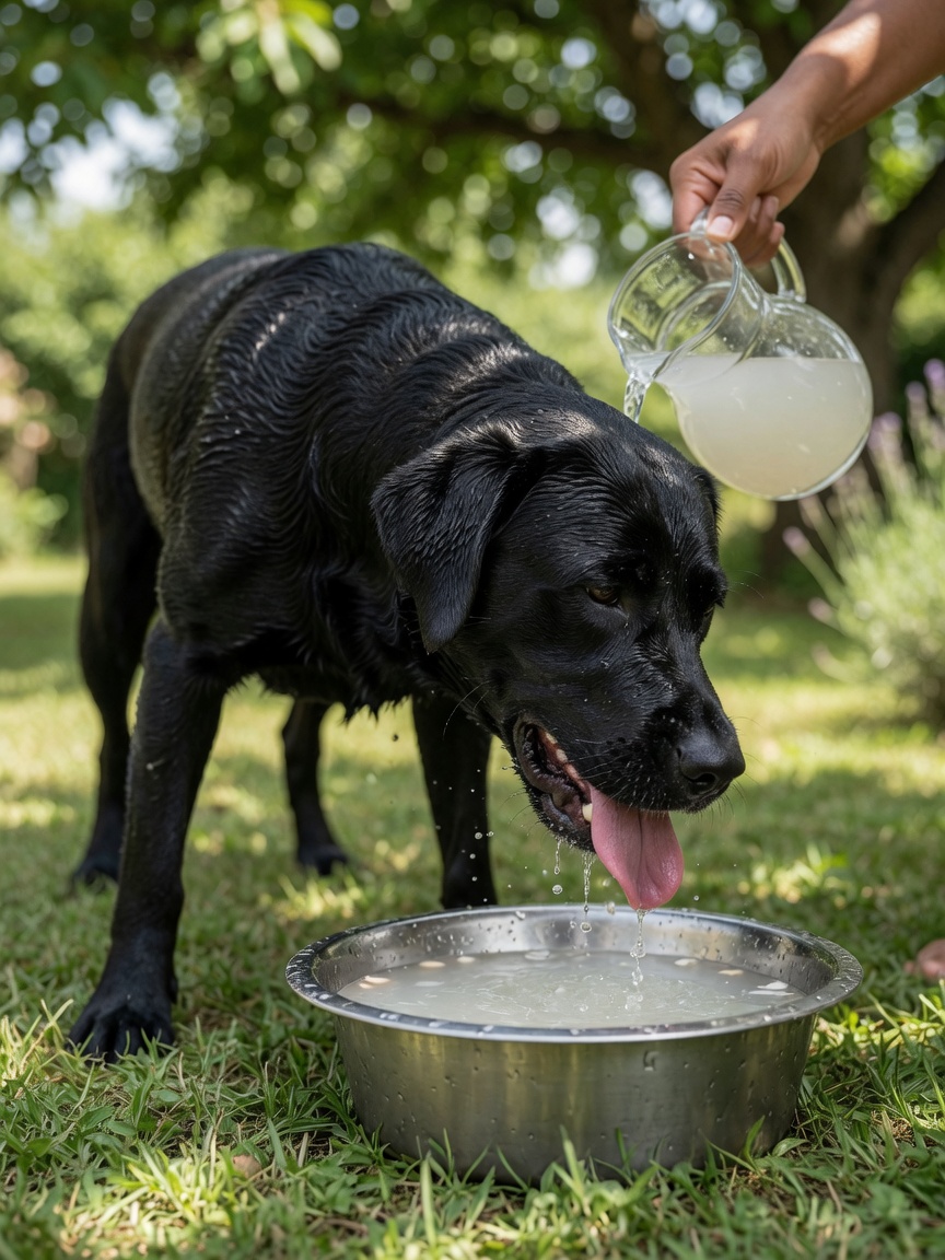 Active black labrador with wet coat drinking coconut water after exercise in summer heat